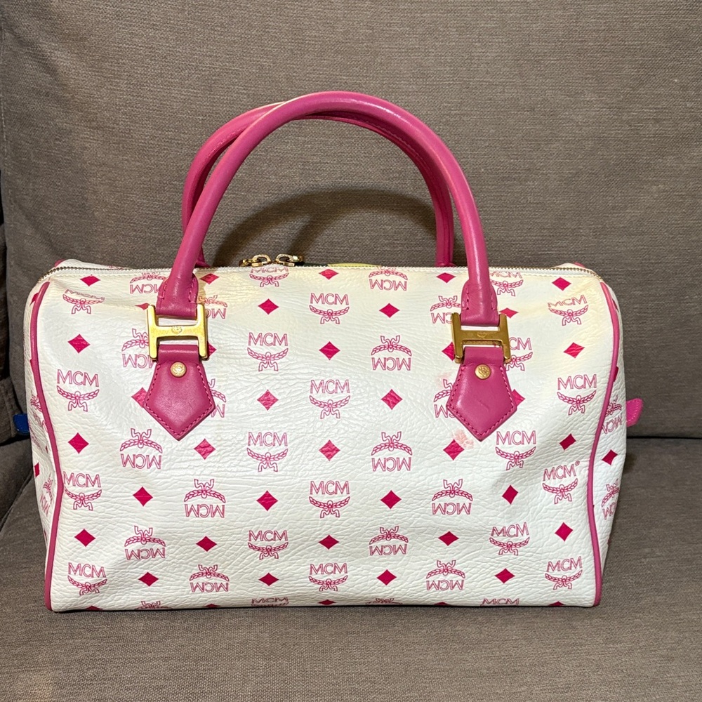 MCM White Satchel with Pink Handles and Multicolor Stripe - Picture 3 of 10